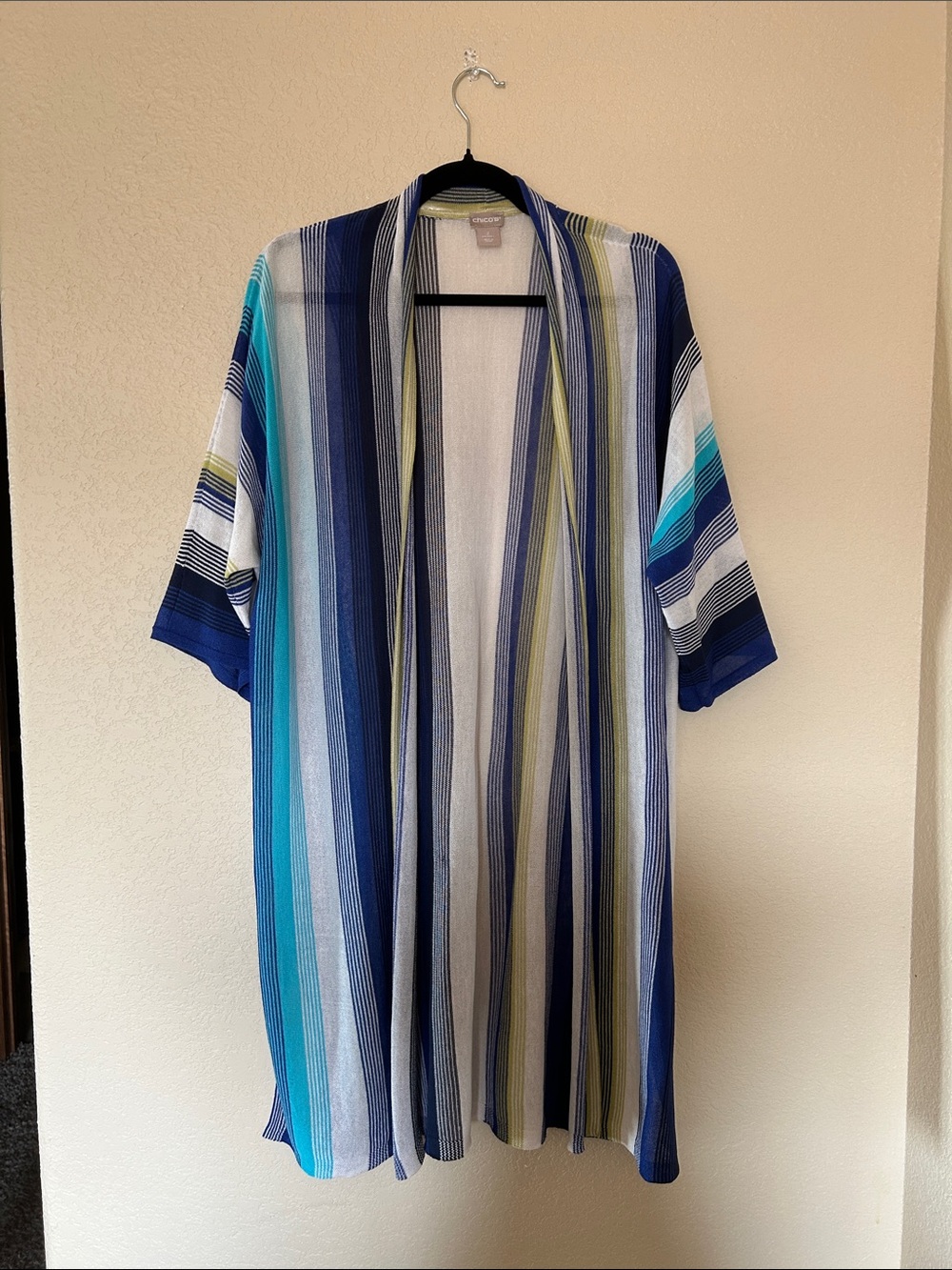 Chico’s Blue Stripe Open Front Kimono Cardigan Lightweight Resort Cover Up L